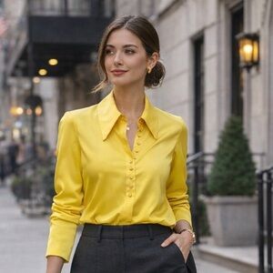 Judy Bond Vintage Blouse – Bright Yellow Button-Front